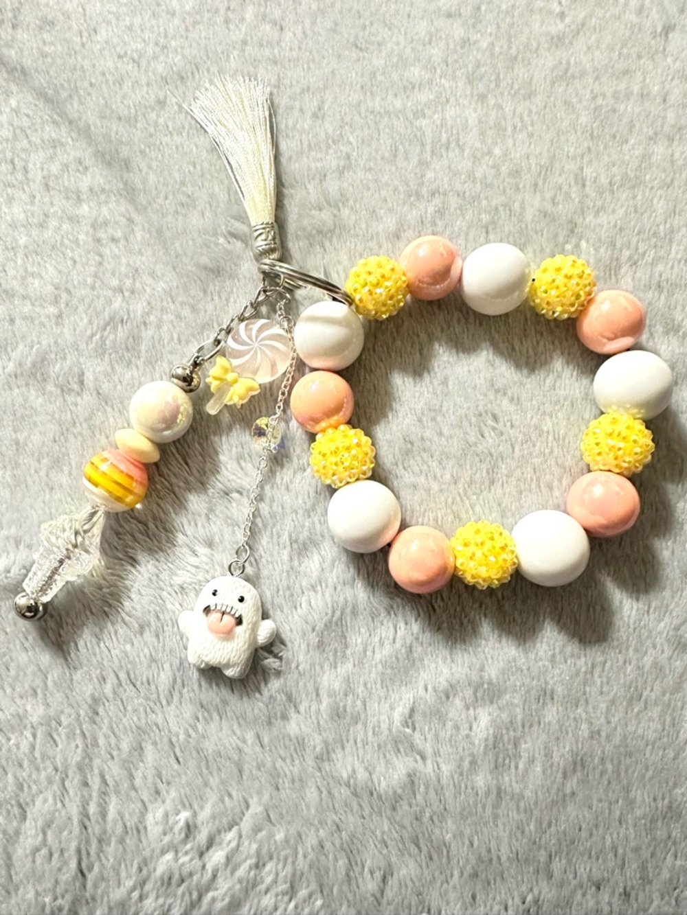 Charming Yellow, Peach & White Beaded Wristlet and keychain with Tassel Charm